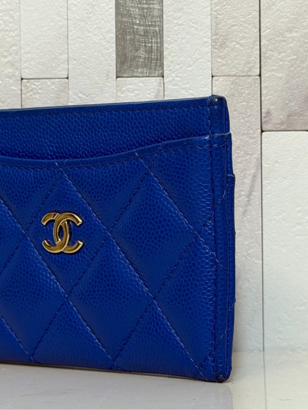 💙*RARE* CHANEL Caviar Quilted Card Holder Wallet in Cobalt Blue - Picture 7 of 15